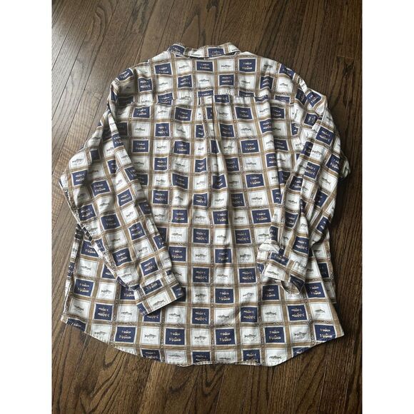 Vintage Woolrich Button Up Shirt Mens 2 XL Brown Blue Fish Print Made in USA - Picture 5 of 8
